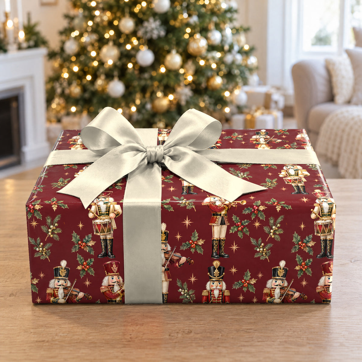A gift wrapped in Nutcracker Orchestra Wrapping Paper in front of a Christmas tree