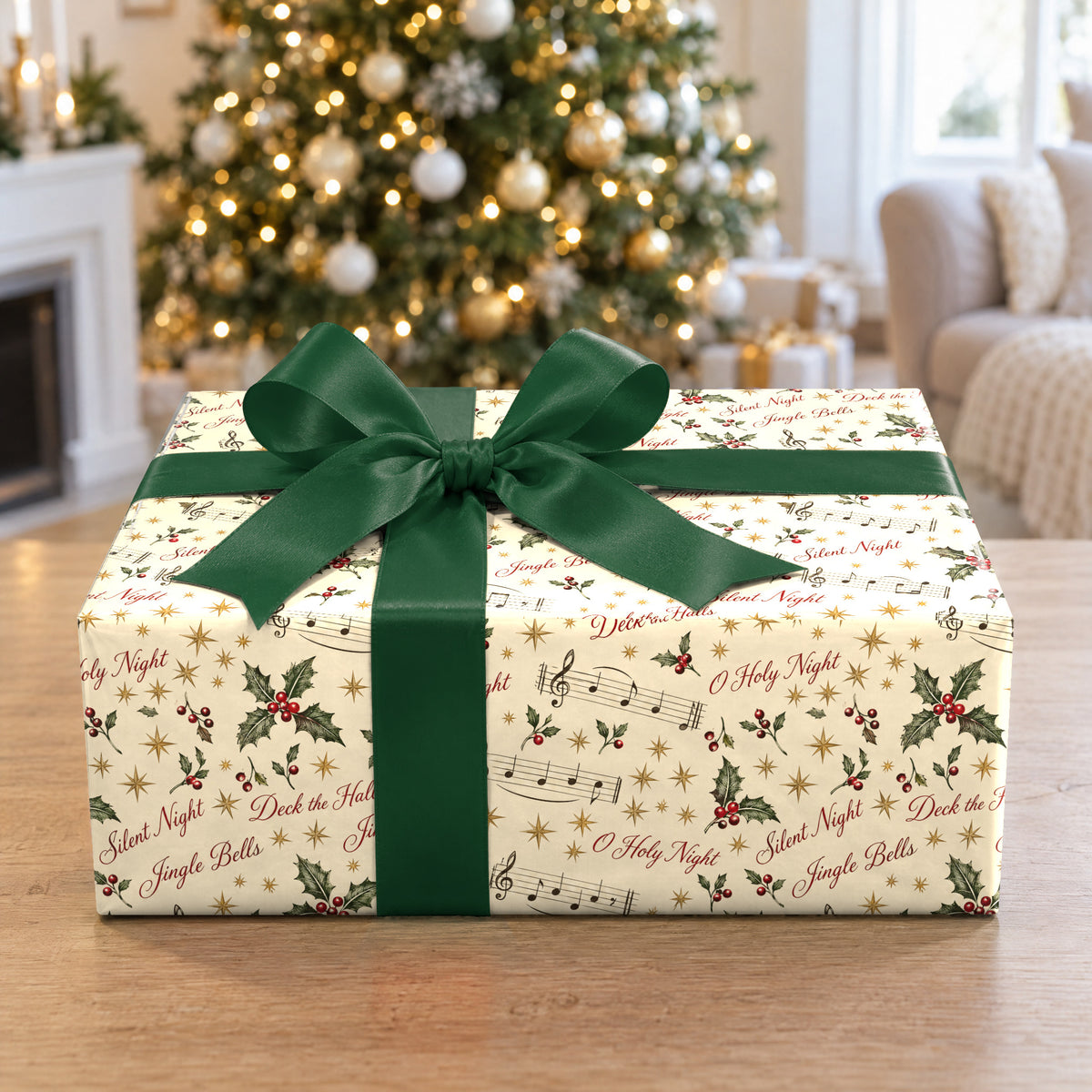 A gift wrapped in Christmas Carol Sheet Music Wrapping Paper in front of a Christmas tree