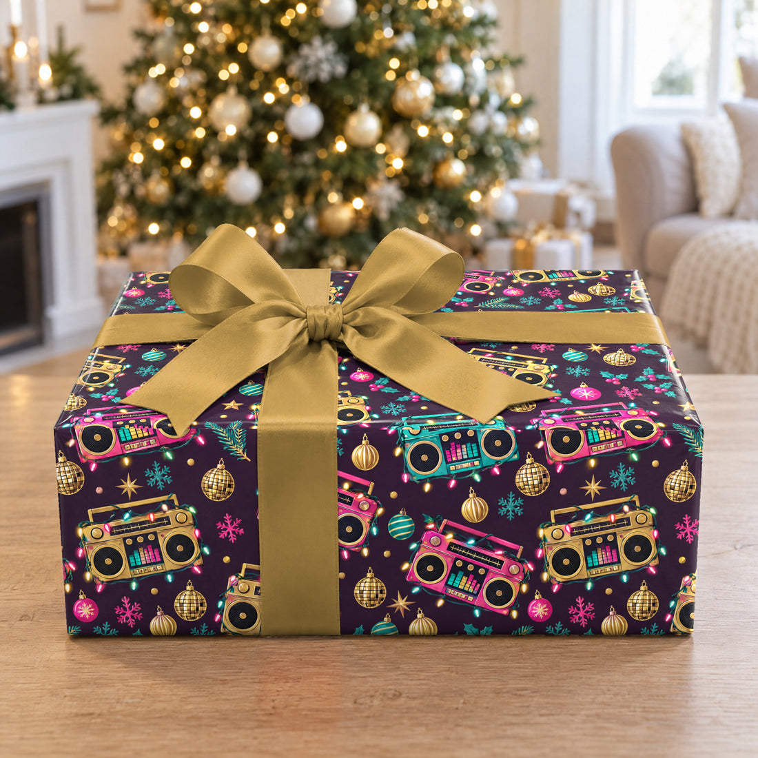 A gift wrapped in Holiday Boombox Glow Wrapping Paper in front of a Christmas tree