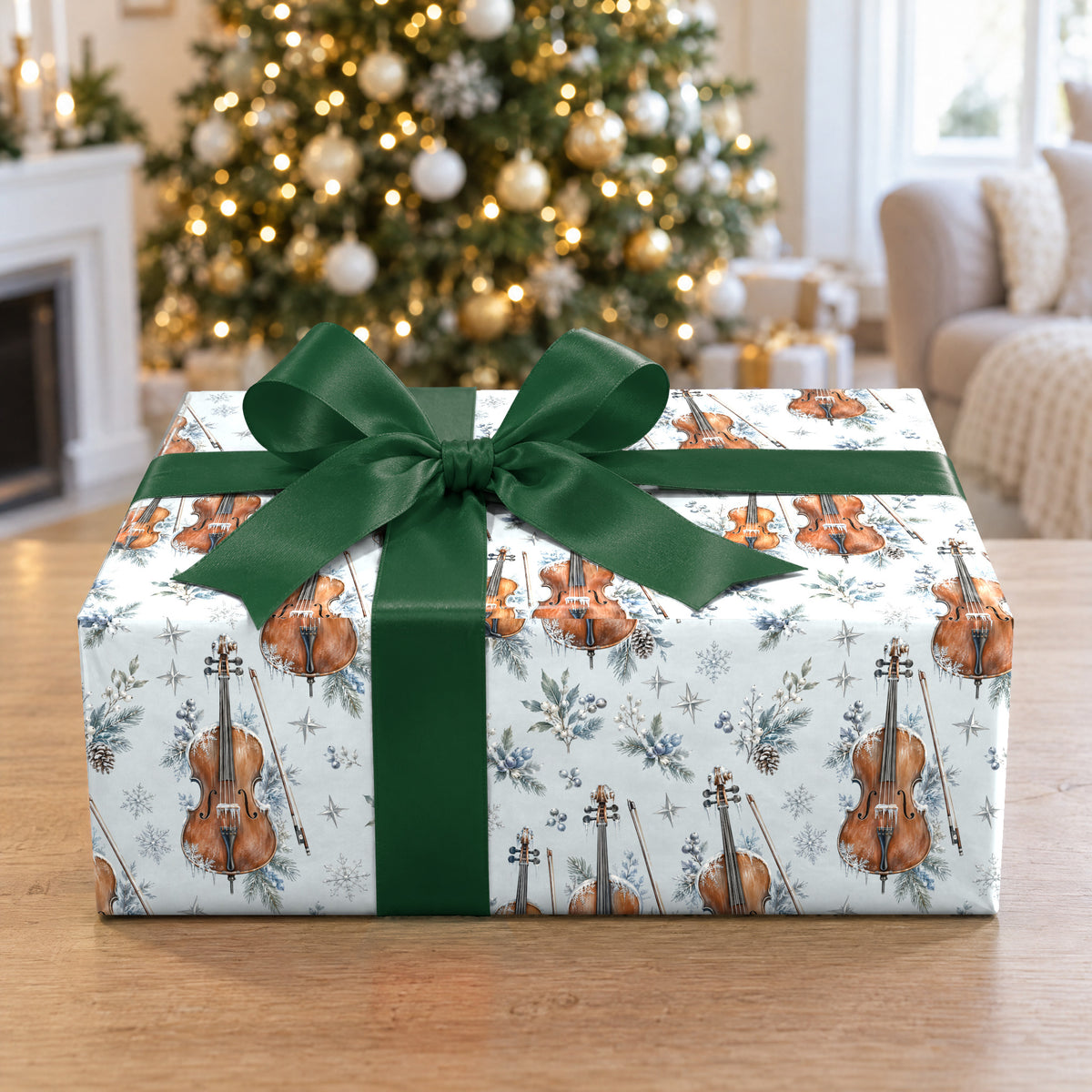 A gift wrapped in Wintry Strings Frost Wrapping Paper in front of a Christmas tree