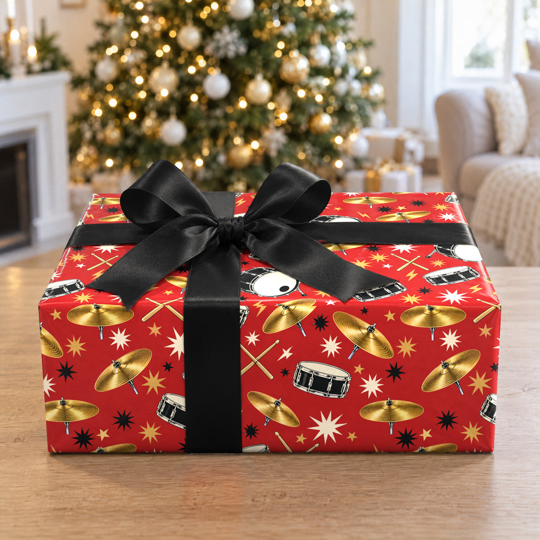 A gift wrapped in Drummer Wrapping Paper in front of a Christmas tree