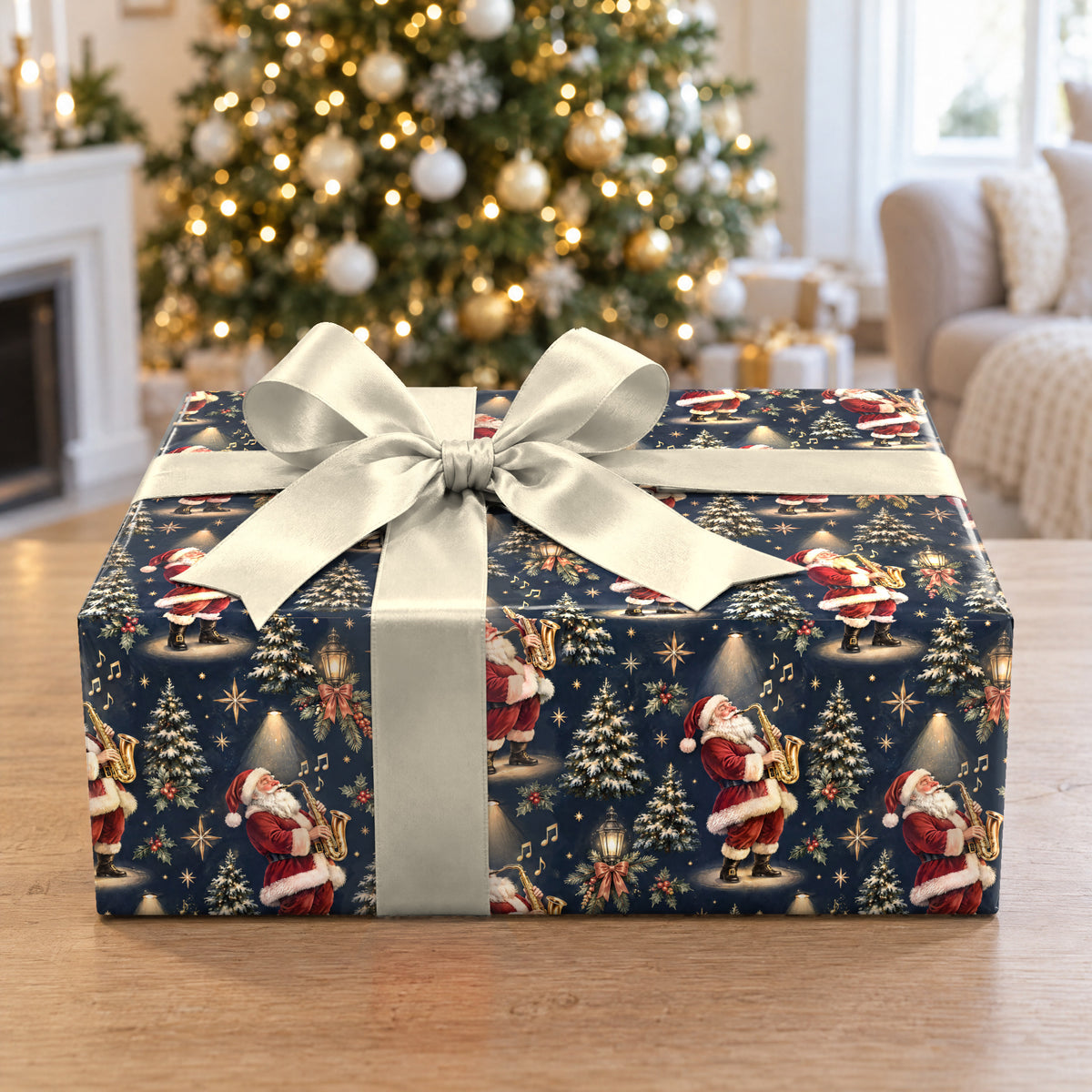 A gift wrapped in Jazz Santa Saxophone Wrapping Paper in front of a Christmas tree