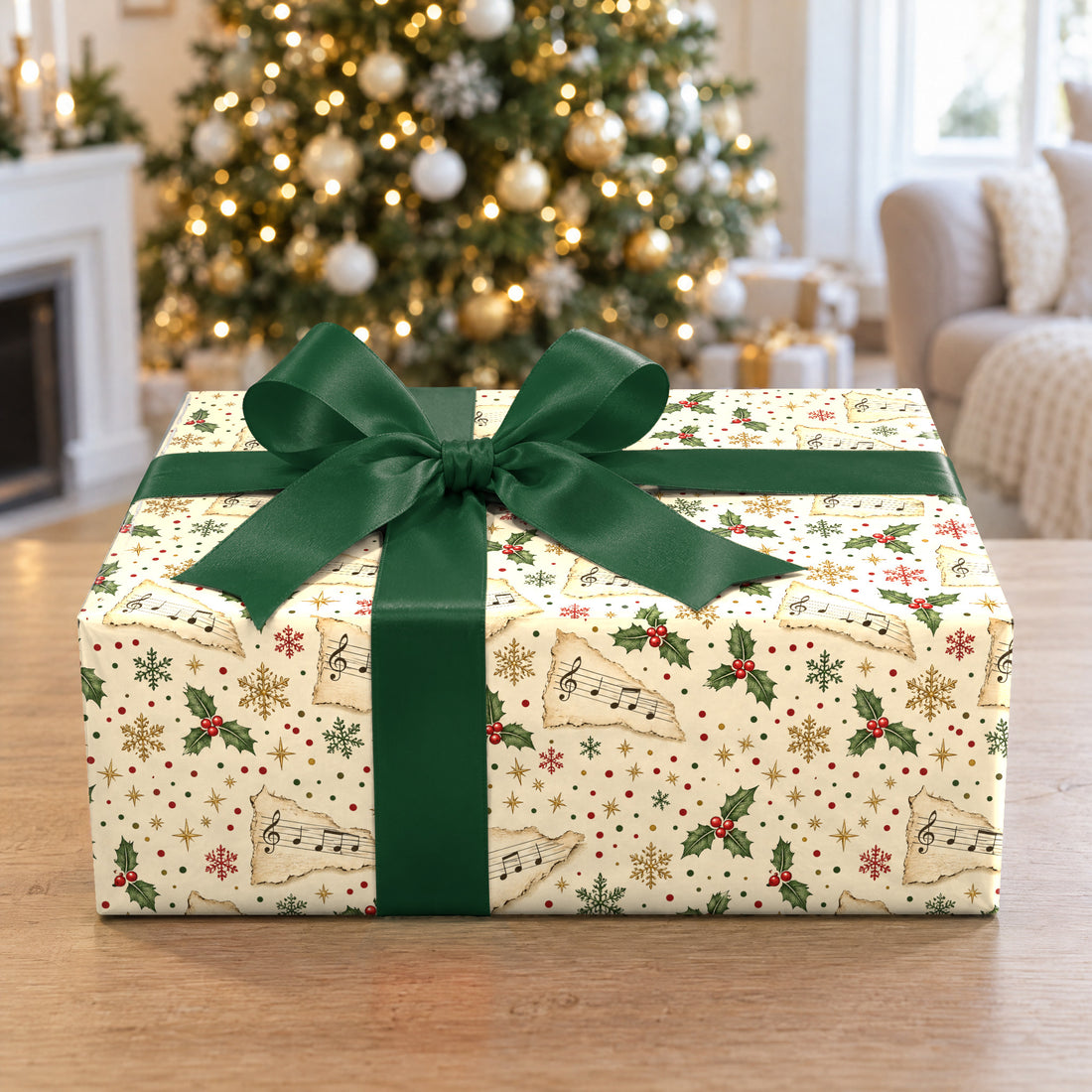 A gift wrapped in Christmas Songbook Confetti Wrapping Paper in front of a Christmas tree
