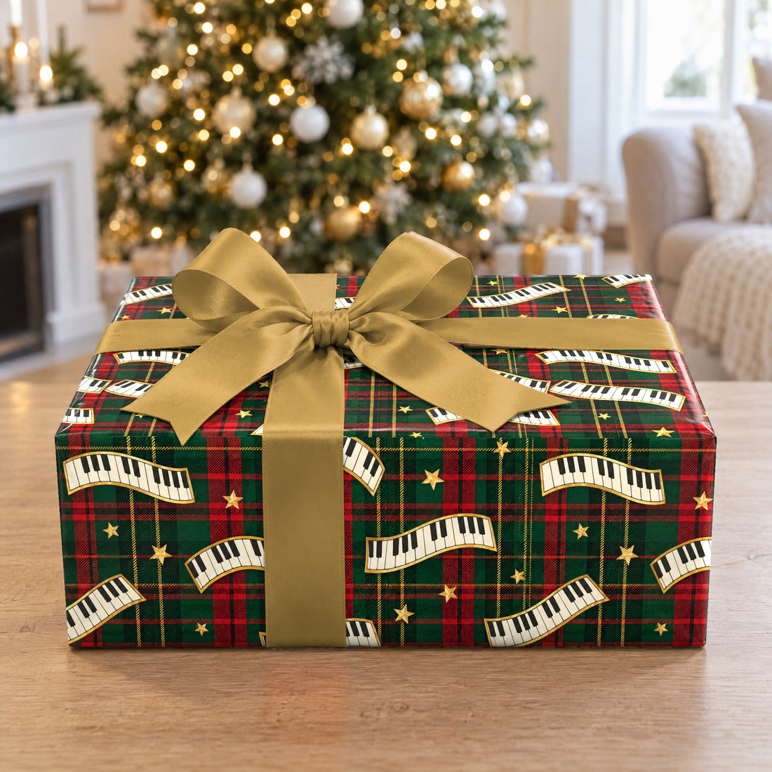 A gift wrapped in Holiday Plaid Piano Keys Wrapping Paper in front of a Christmas tree