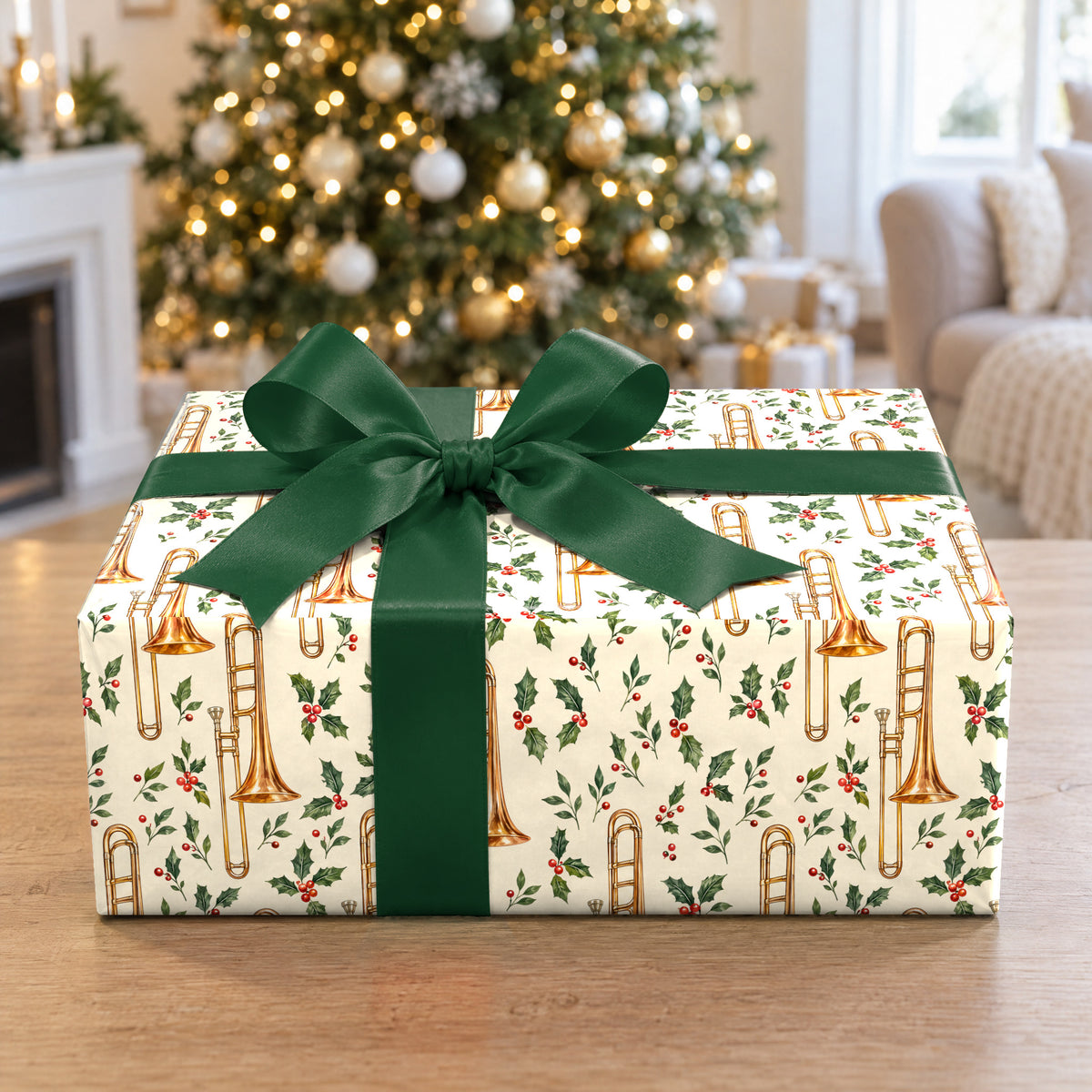 A gift wrapped in Copper Trombone Shine Wrapping Paper in front of a Christmas tree
