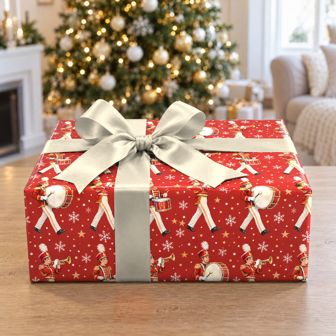 A gift wrapped in Holiday Marching Band Parade Wrapping Paper in front of a Christmas tree
