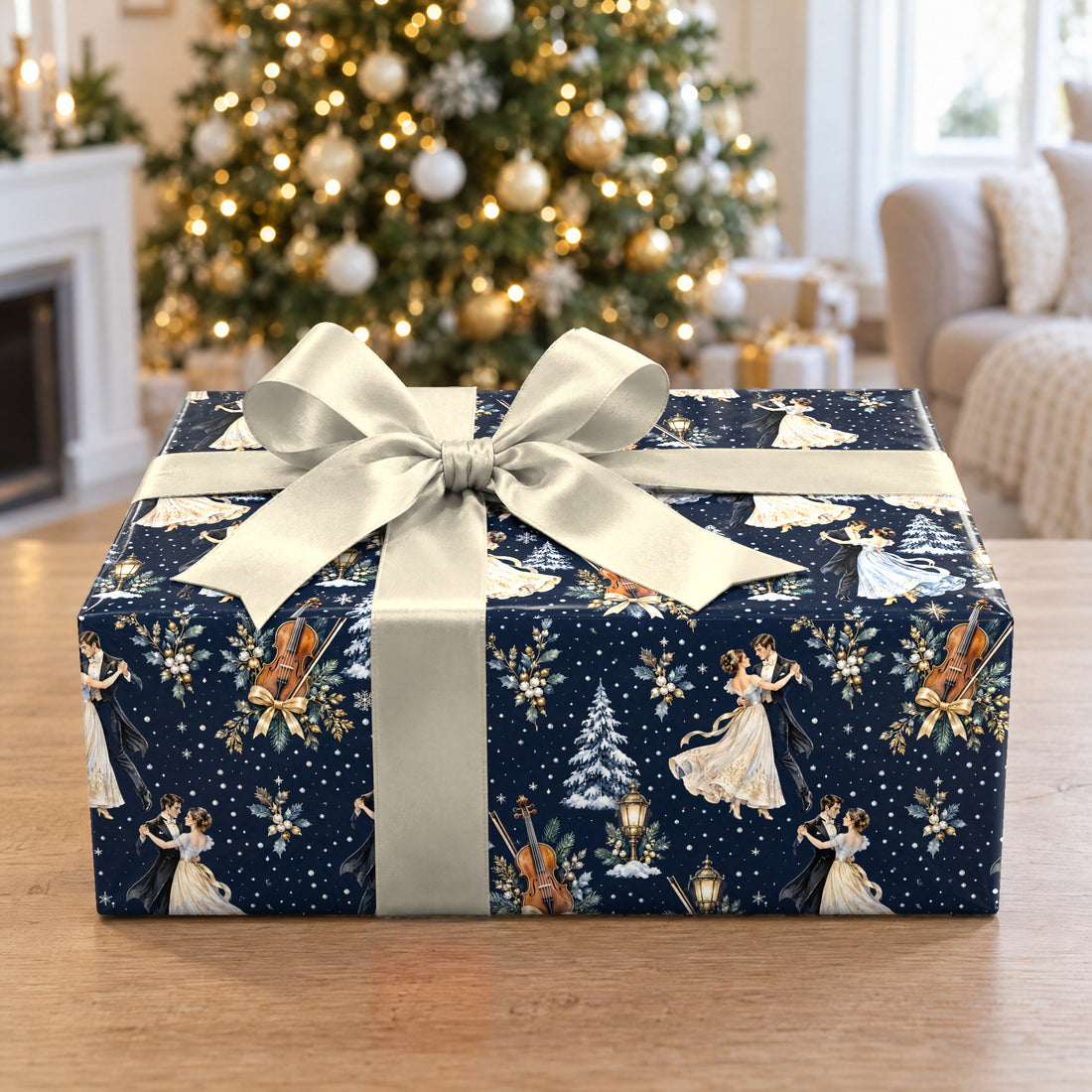 A gift wrapped in Winter Waltz Strings Wrapping Paper in front of a Christmas tree