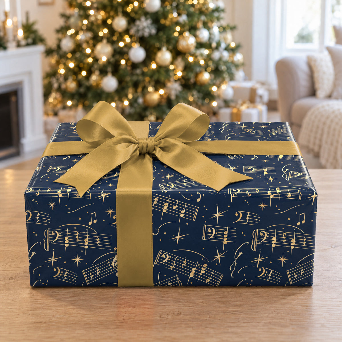 A gift wrapped in Vintage Sheet Music Wrapping Paper in front of a Christmas tree