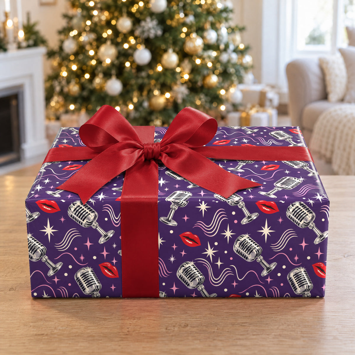 A gift wrapped in Retro Microphone Wrapping Paper in front of a Christmas tree