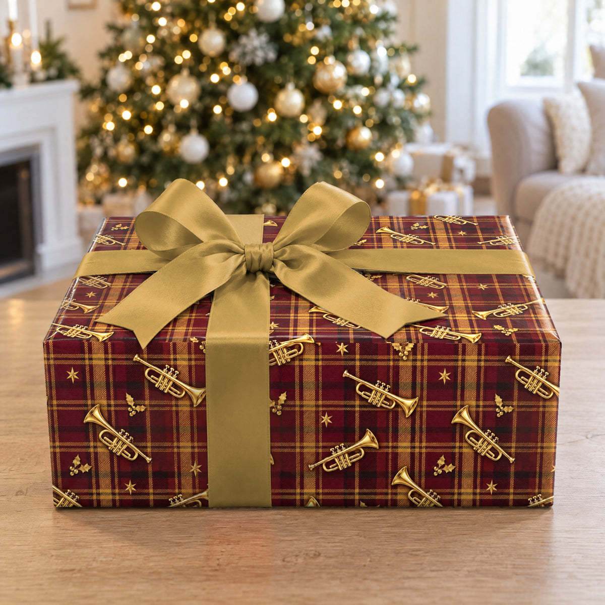 A gift wrapped in Tartan Trumpet Parade Wrapping Paper in front of a Christmas tree