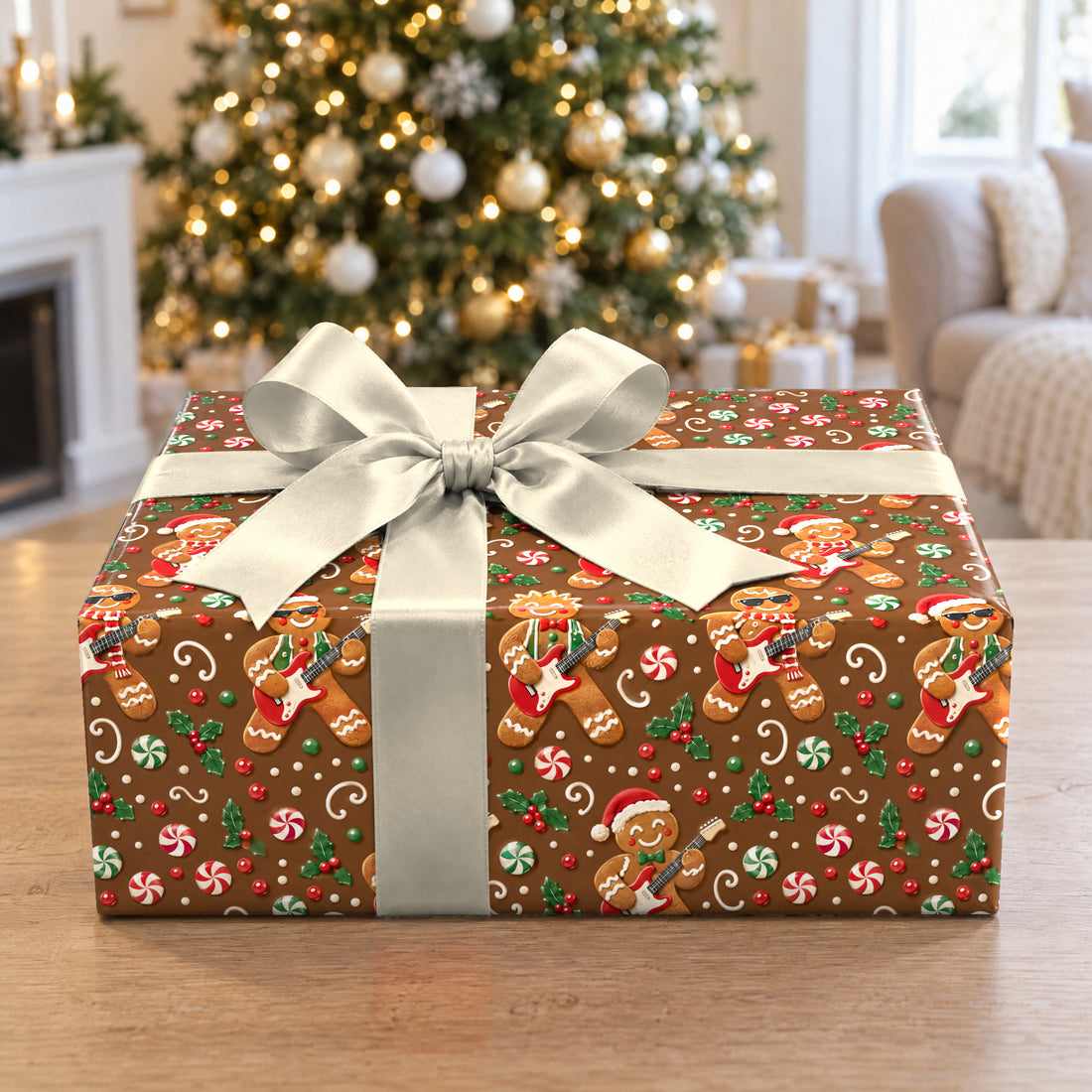 A gift wrapped in Gingerbread Rockstar Wrapping Paper in front of a Christmas tree