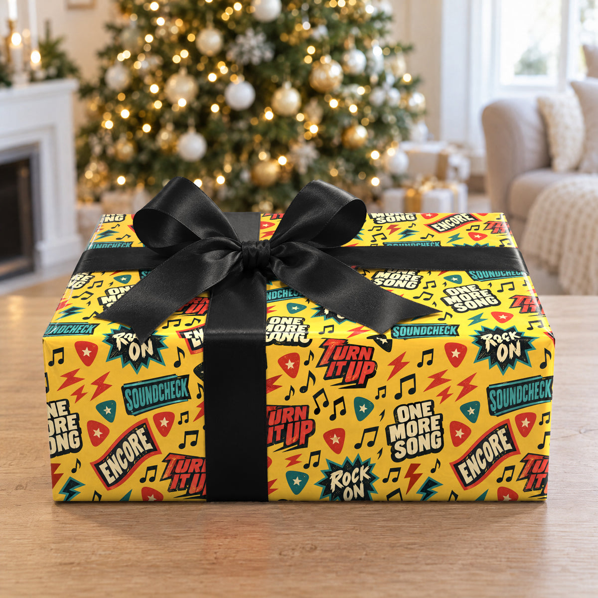 A gift wrapped in Musician Sayings Wrapping Paper in front of a Christmas tree