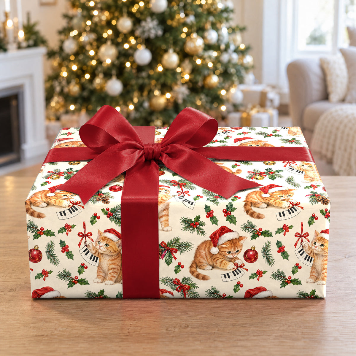 A gift wrapped in Tabby Cat Piano Christmas Wrapping Paper in front of a Christmas tree