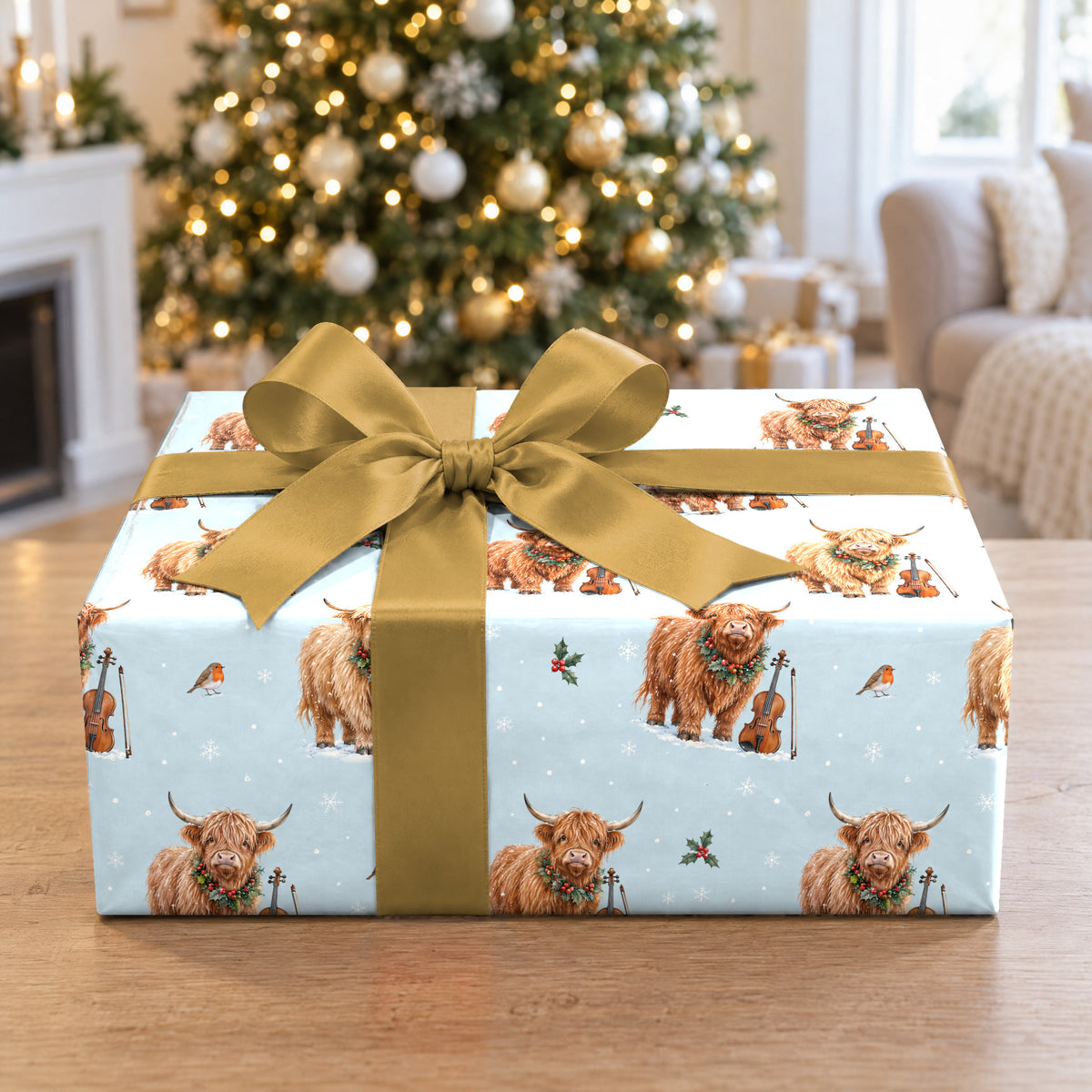 A gift wrapped in Highland Cow Fiddle Christmas Wrapping Paper in front of a Christmas tree