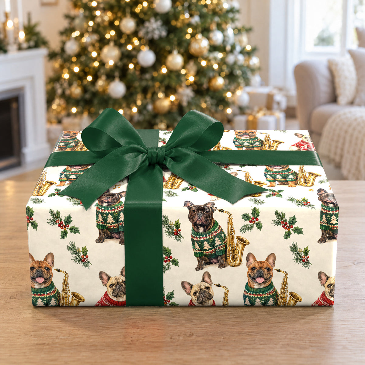 A gift wrapped in French Bulldog Jazz Christmas Wrapping Paper in front of a Christmas tree