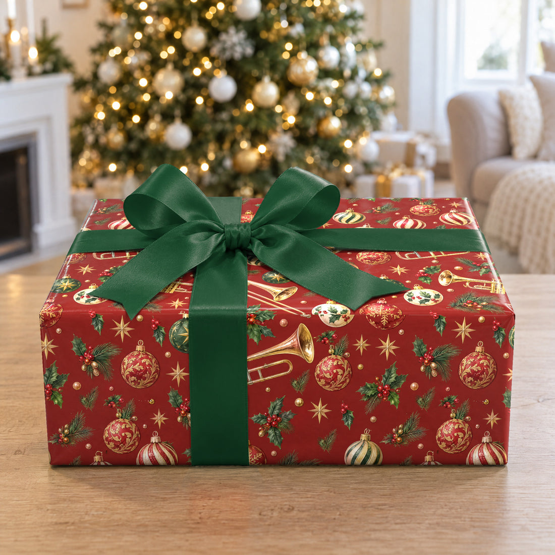 A gift wrapped in Brass and Baubles Wrapping Paper in front of a Christmas tree