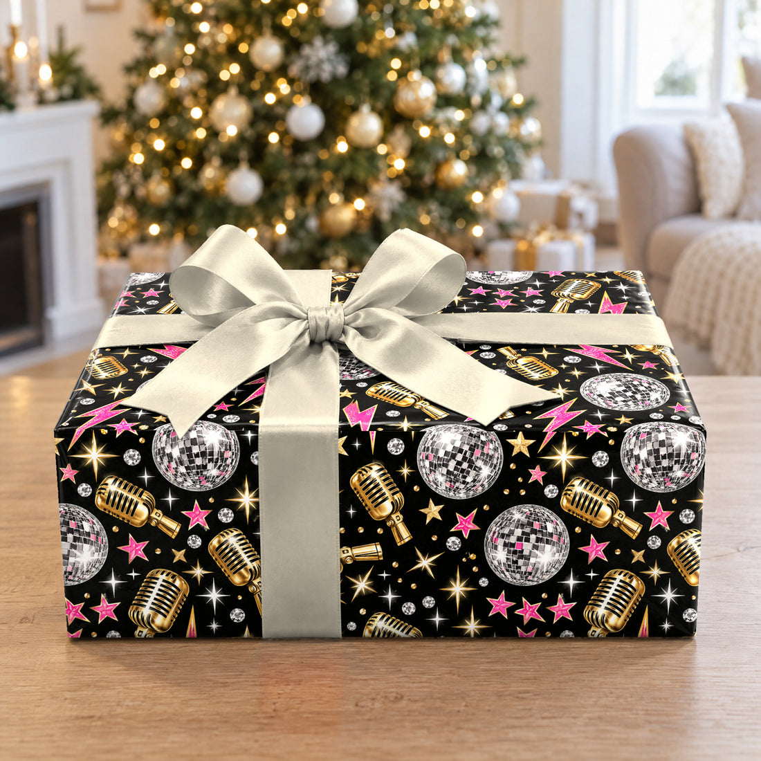 A gift wrapped in Disco Rock Star Glam Wrapping Paper in front of a Christmas tree