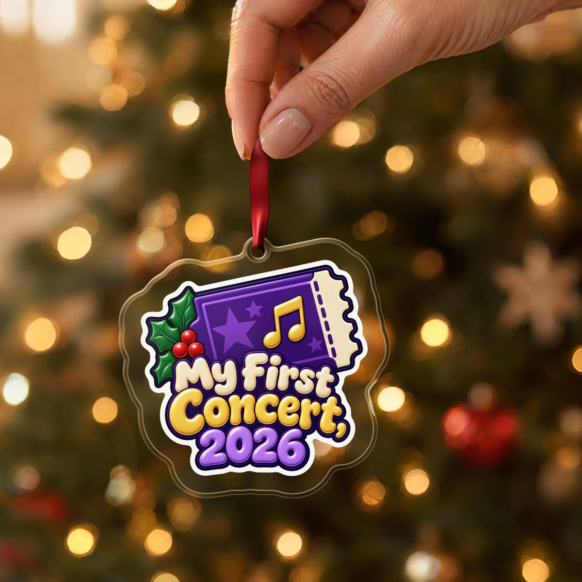 My First Concert 2026 Ticket clear acrylic Christmas ornament held by its red ribbon in a hand, shown at its real size