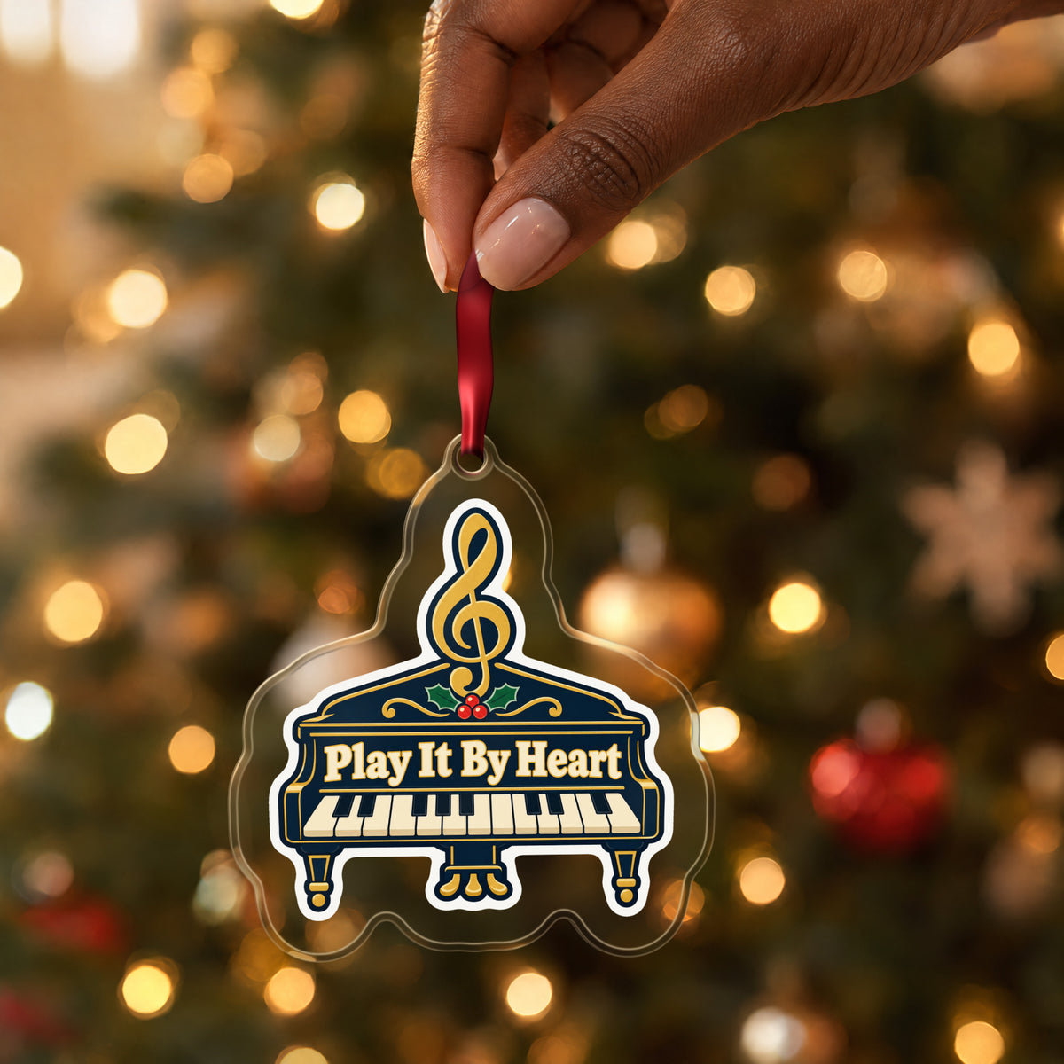 Play It By Heart Grand Piano clear acrylic Christmas ornament held by its red ribbon in a hand, shown at its real size