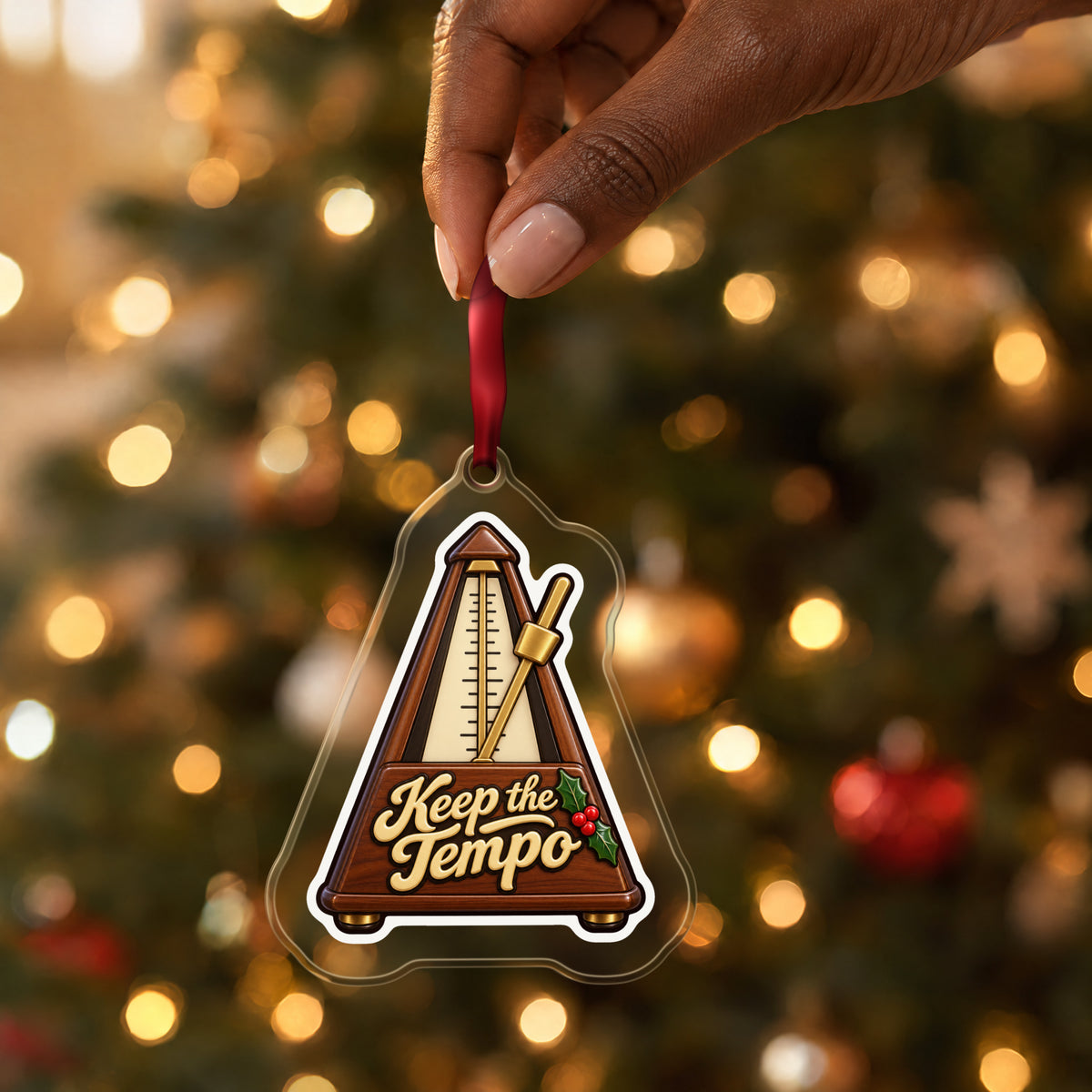 Keep the Tempo Metronome clear acrylic Christmas ornament held by its red ribbon in a hand, shown at its real size