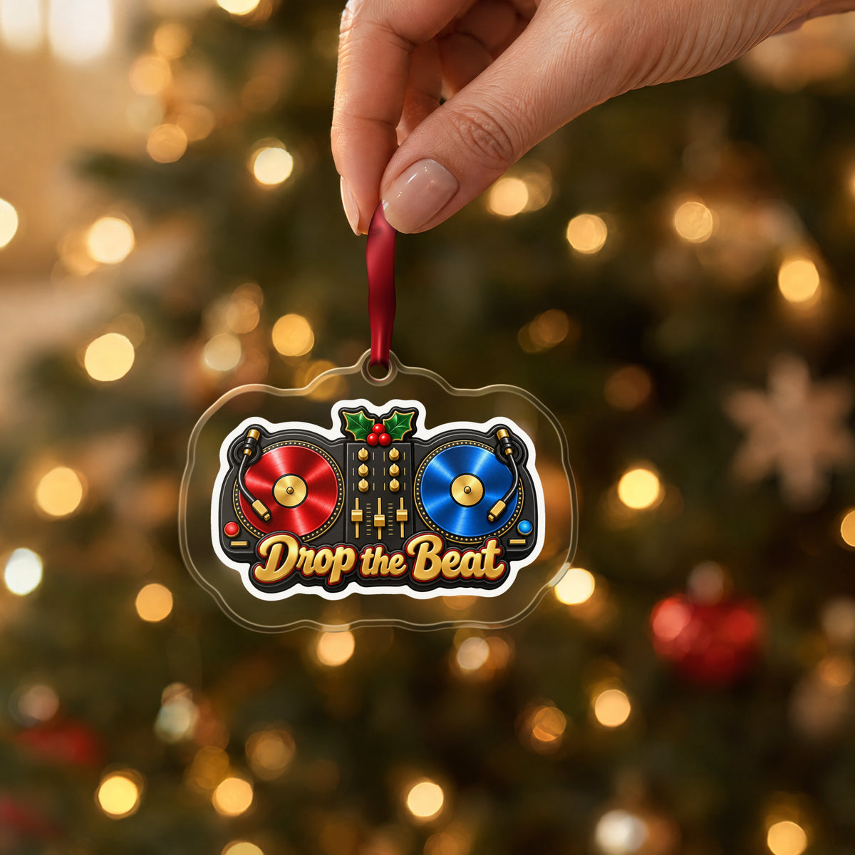 Drop the Beat DJ Turntables clear acrylic Christmas ornament held by its red ribbon in a hand, shown at its real size
