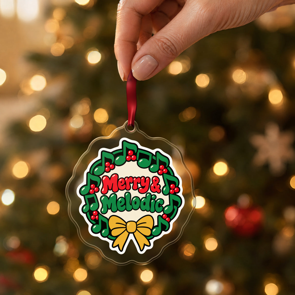 Merry & Melodic Music Note Wreath clear acrylic Christmas ornament held by its red ribbon in a hand, shown at its real size