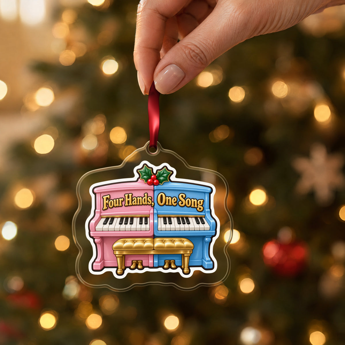 Four Hands, One Song Piano Duet clear acrylic Christmas ornament held by its red ribbon in a hand, shown at its real size