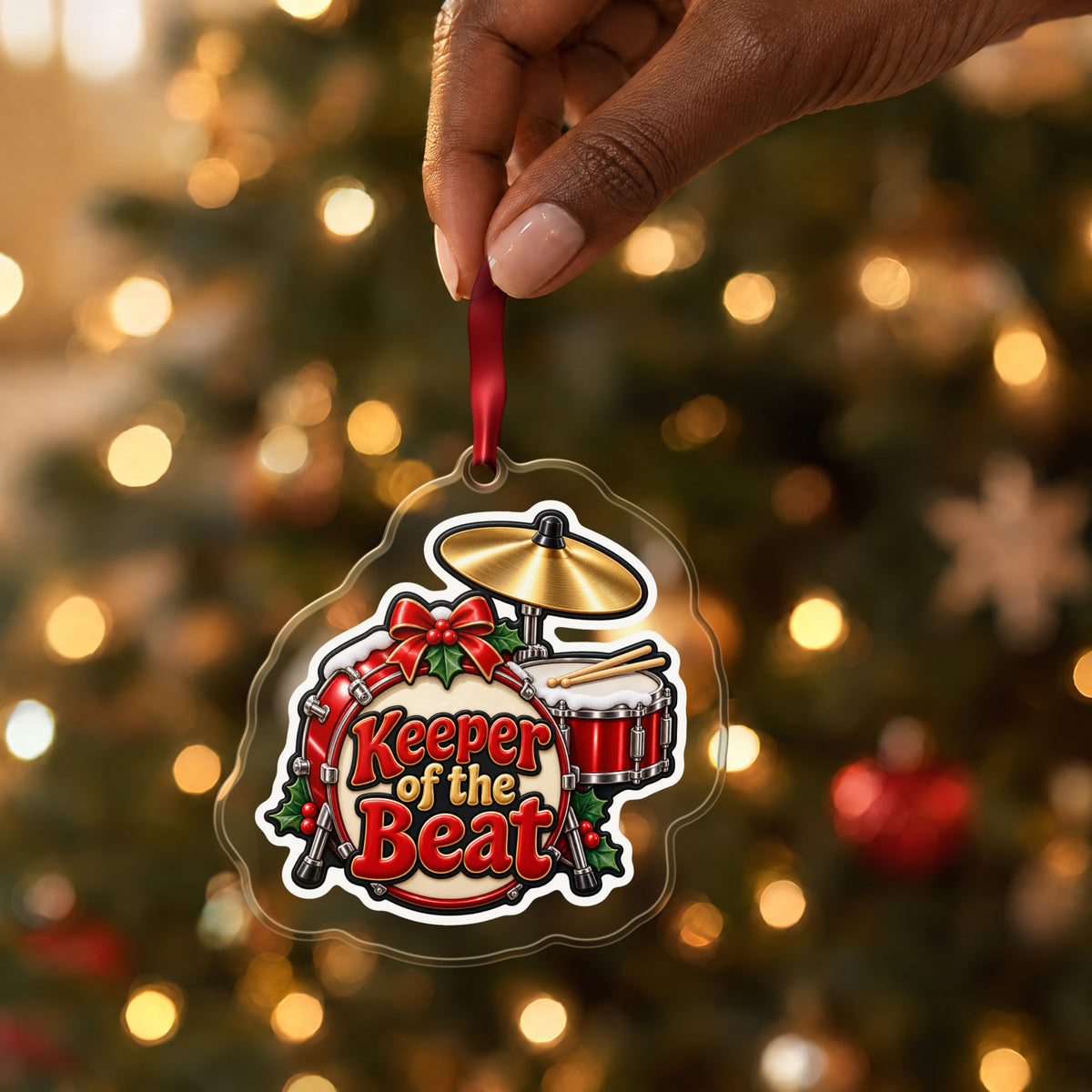 Keeper of the Beat Drum Kit clear acrylic Christmas ornament held by its red ribbon in a hand, shown at its real size