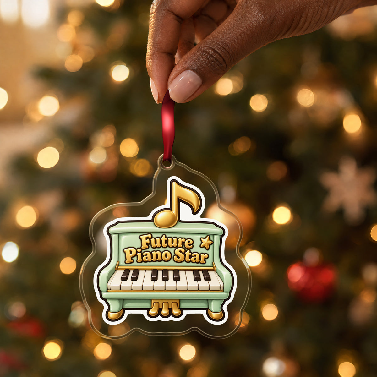 Future Piano Star clear acrylic Christmas ornament held by its red ribbon in a hand, shown at its real size