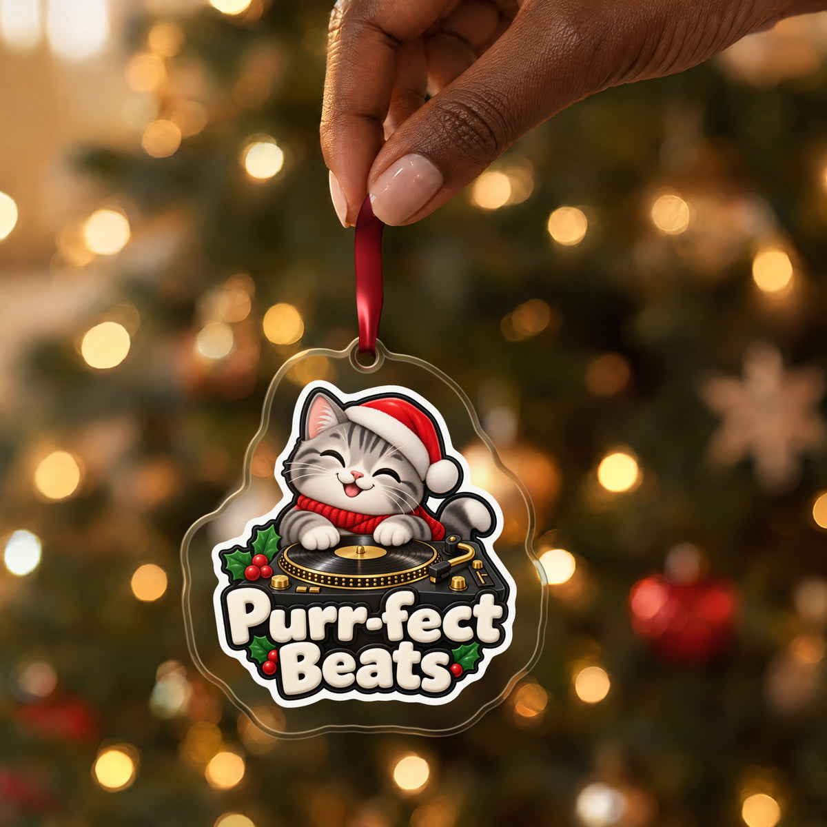 Purr-fect Beats Cat DJ clear acrylic Christmas ornament held by its red ribbon in a hand, shown at its real size