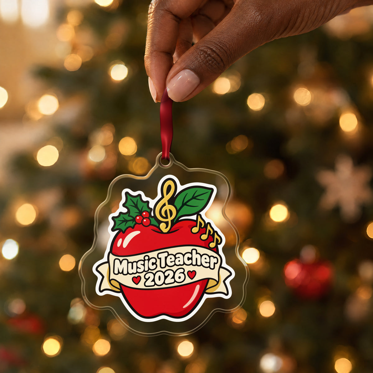 Music Teacher 2026 clear acrylic Christmas ornament held by its red ribbon in a hand, shown at its real size