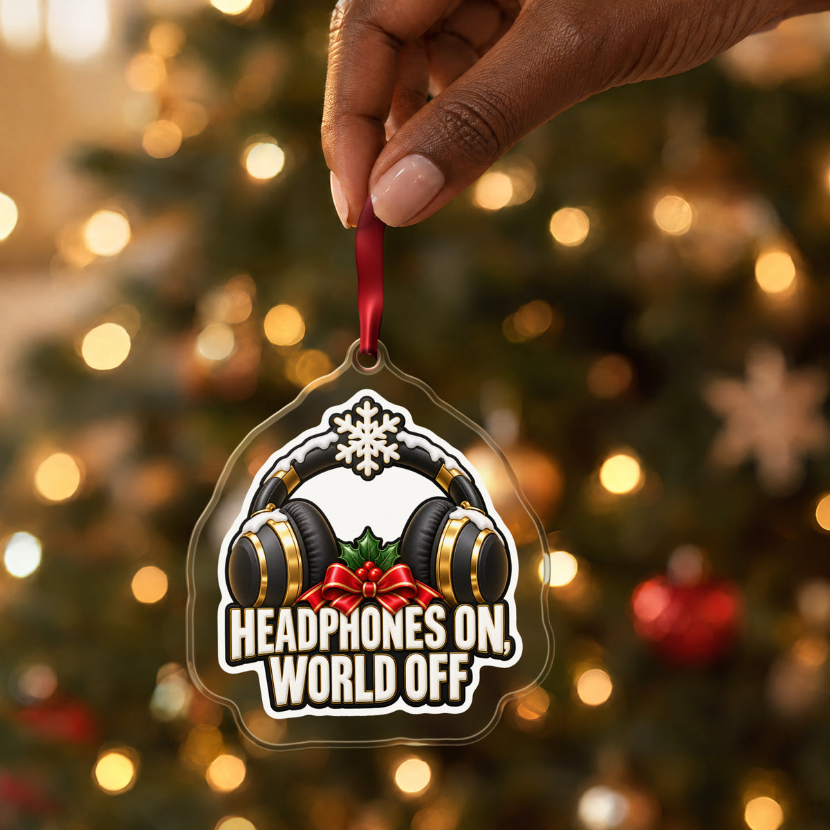 Headphones On, World Off clear acrylic Christmas ornament held by its red ribbon in a hand, shown at its real size