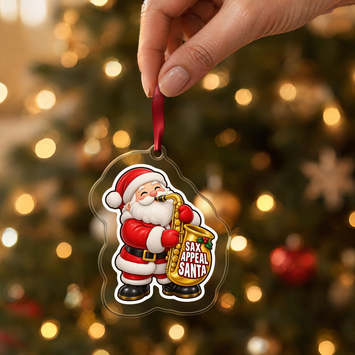 Sax Appeal Santa Saxophone clear acrylic Christmas ornament held by its red ribbon in a hand, shown at its real size