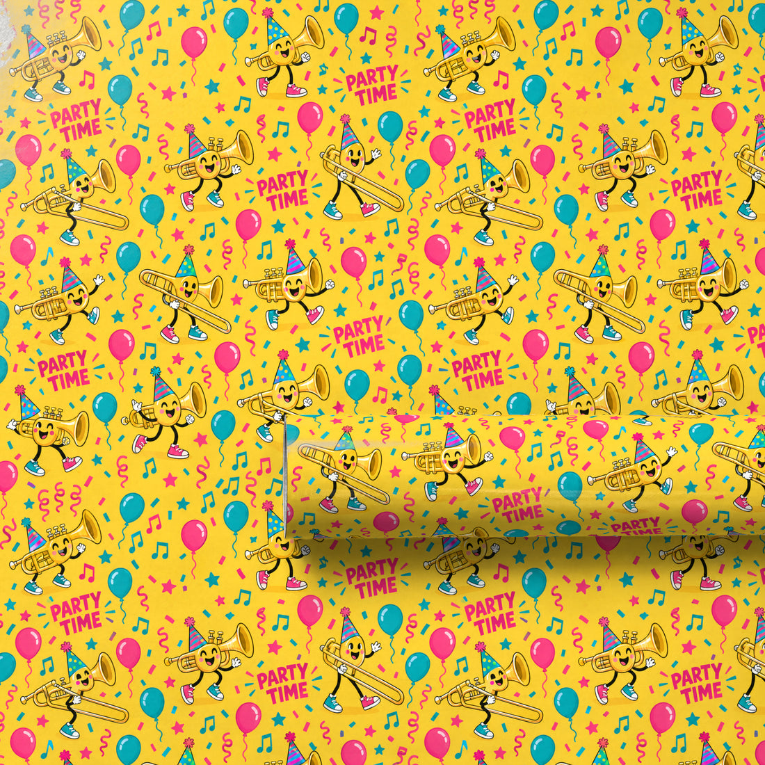 Birthday Brass Band Wrapping Paper unrolled flat to show the full repeating pattern