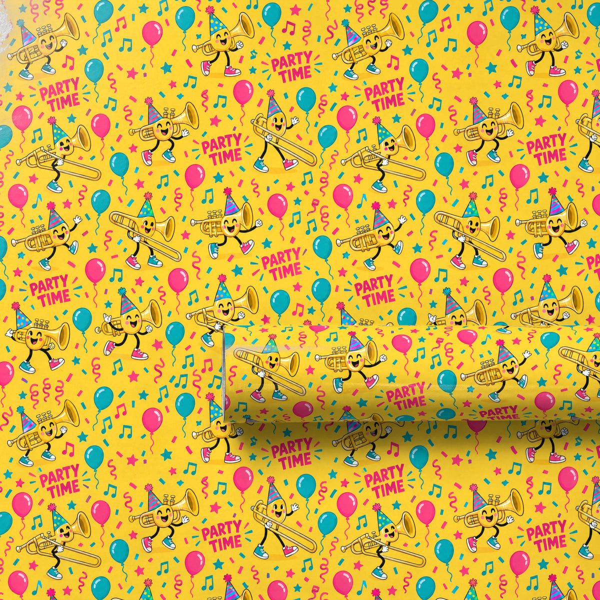 Birthday Brass Band Wrapping Paper unrolled flat to show the full repeating pattern