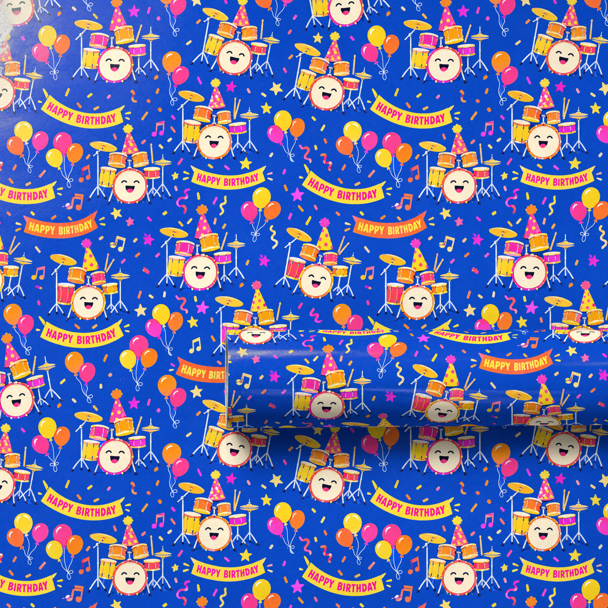 Birthday Drum Confetti Wrapping Paper unrolled flat to show the full repeating pattern