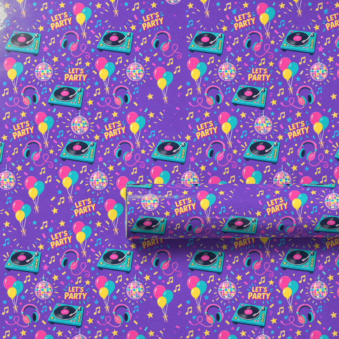 Birthday DJ Dance Party Wrapping Paper unrolled flat to show the full repeating pattern