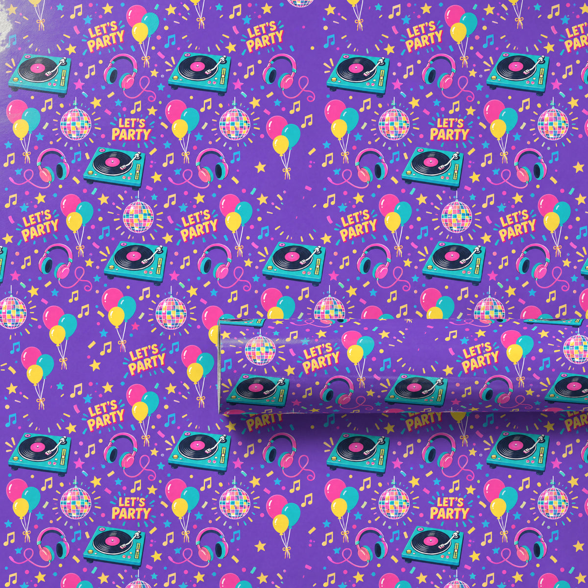 Birthday DJ Dance Party Wrapping Paper unrolled flat to show the full repeating pattern
