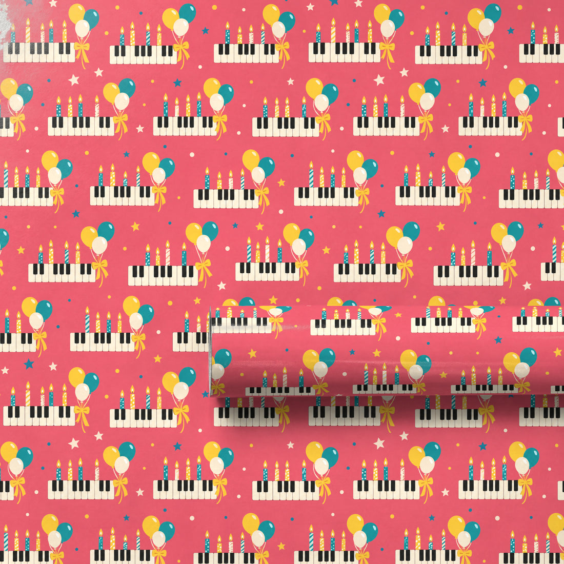 Birthday Piano Balloons Wrapping Paper unrolled flat to show the full repeating pattern