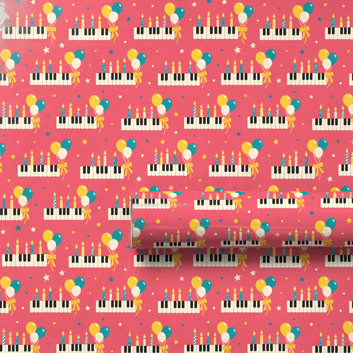 Birthday Piano Balloons Wrapping Paper unrolled flat to show the full repeating pattern