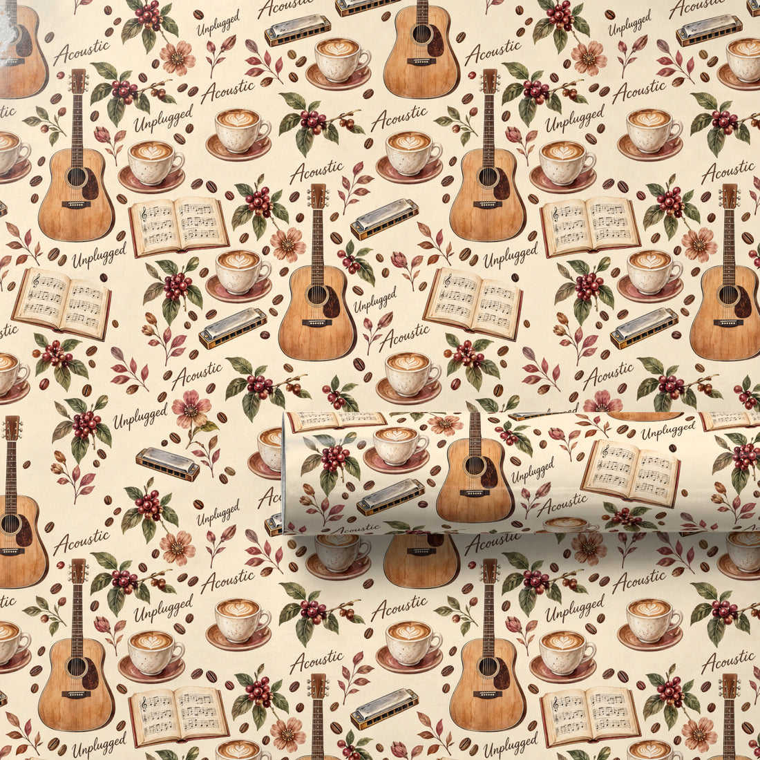 Acoustic Indie Coffeehouse Wrapping Paper unrolled flat to show the full repeating pattern