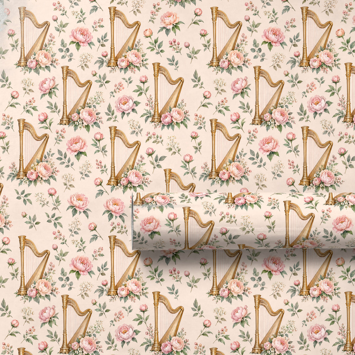 Harp and Peonies Wrapping Paper unrolled flat to show the full repeating pattern