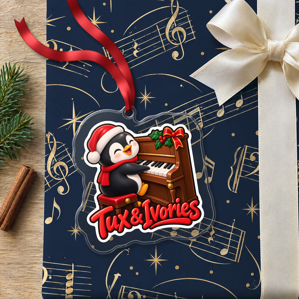 Tux & Ivories Penguin Piano clear acrylic Christmas ornament lying on a gift wrapped in Rhythm and Beat music wrapping paper