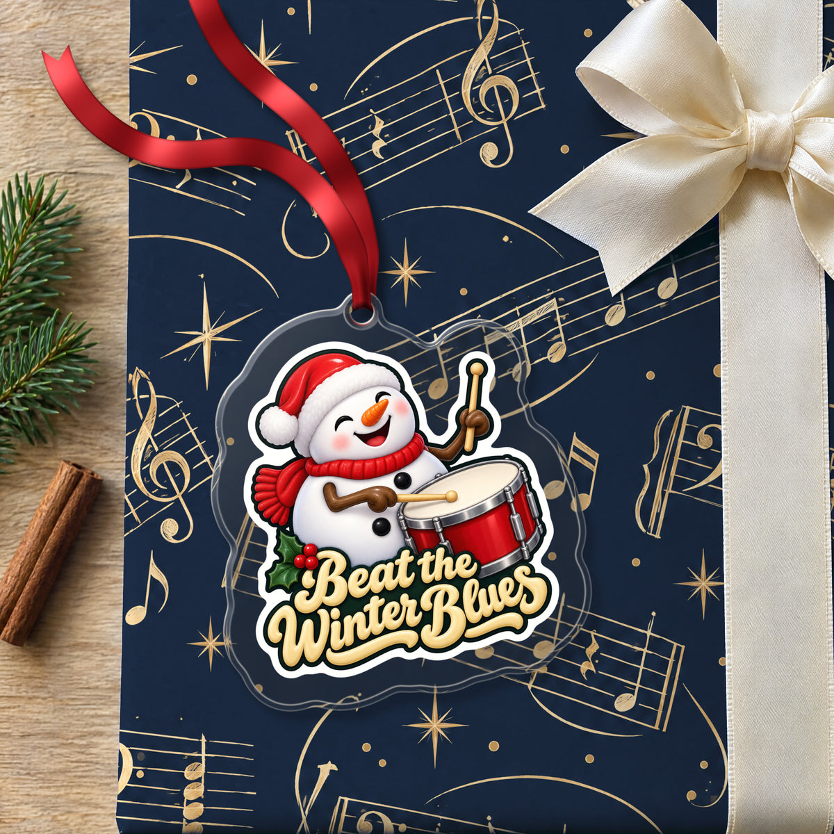 Beat the Winter Blues Snowman Drummer clear acrylic Christmas ornament lying on a gift wrapped in Rhythm and Beat music wrapping paper