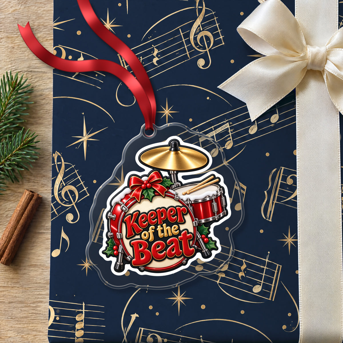 Keeper of the Beat Drum Kit clear acrylic Christmas ornament lying on a gift wrapped in Rhythm and Beat music wrapping paper