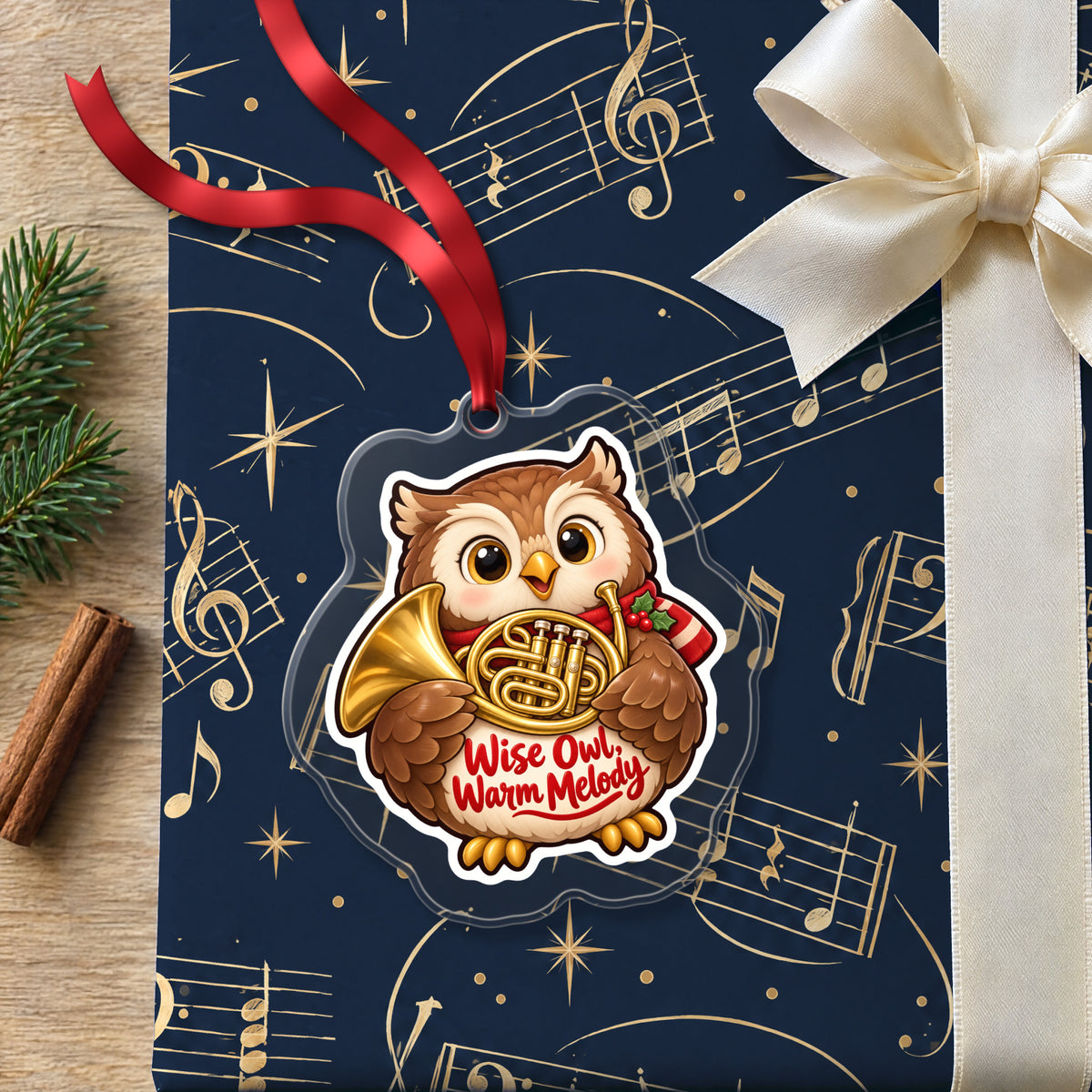 Wise Owl, Warm Melody French Horn clear acrylic Christmas ornament lying on a gift wrapped in Rhythm and Beat music wrapping paper