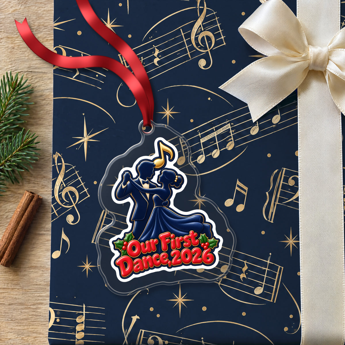 Our First Dance 2026 Couple clear acrylic Christmas ornament lying on a gift wrapped in Rhythm and Beat music wrapping paper