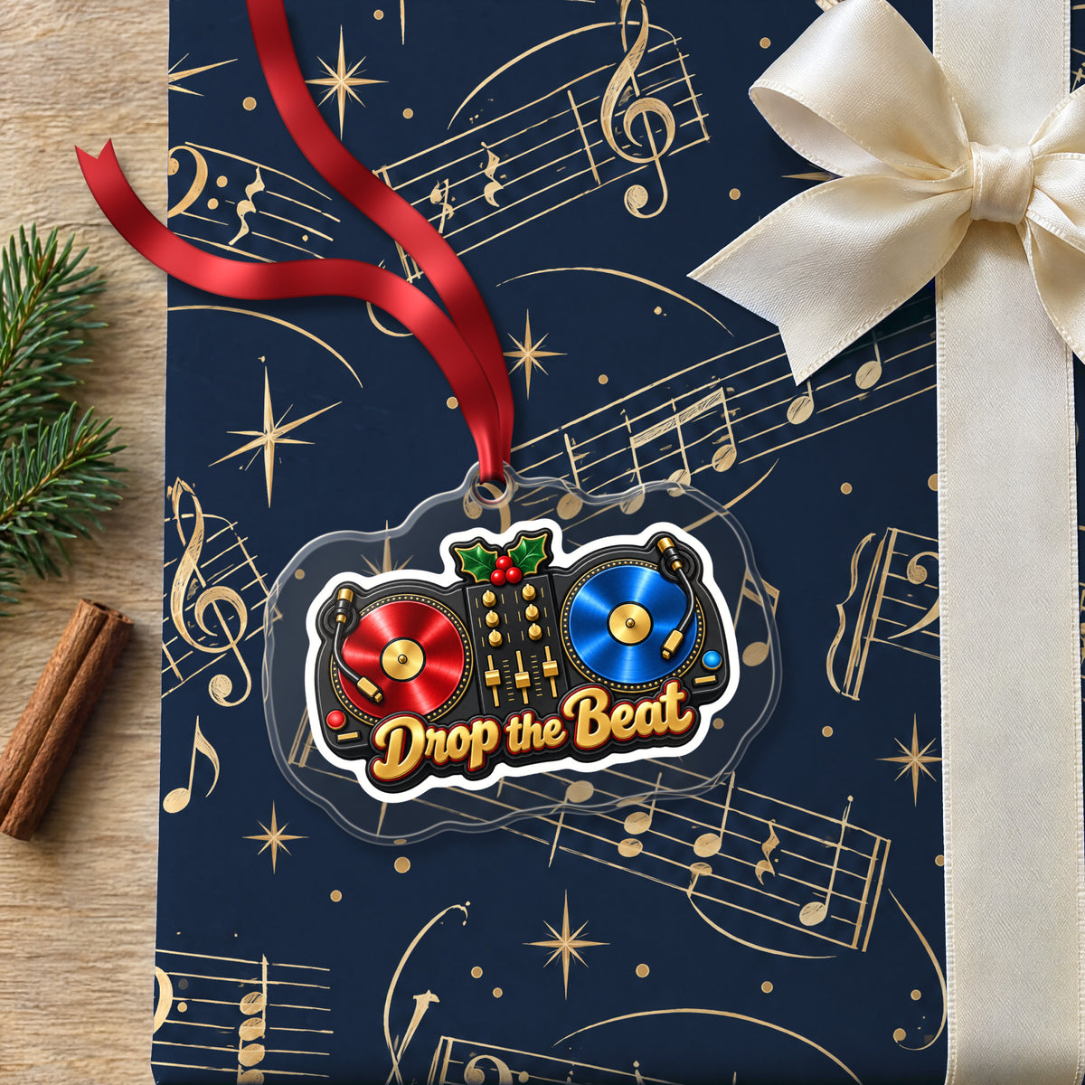 Drop the Beat DJ Turntables clear acrylic Christmas ornament lying on a gift wrapped in Rhythm and Beat music wrapping paper
