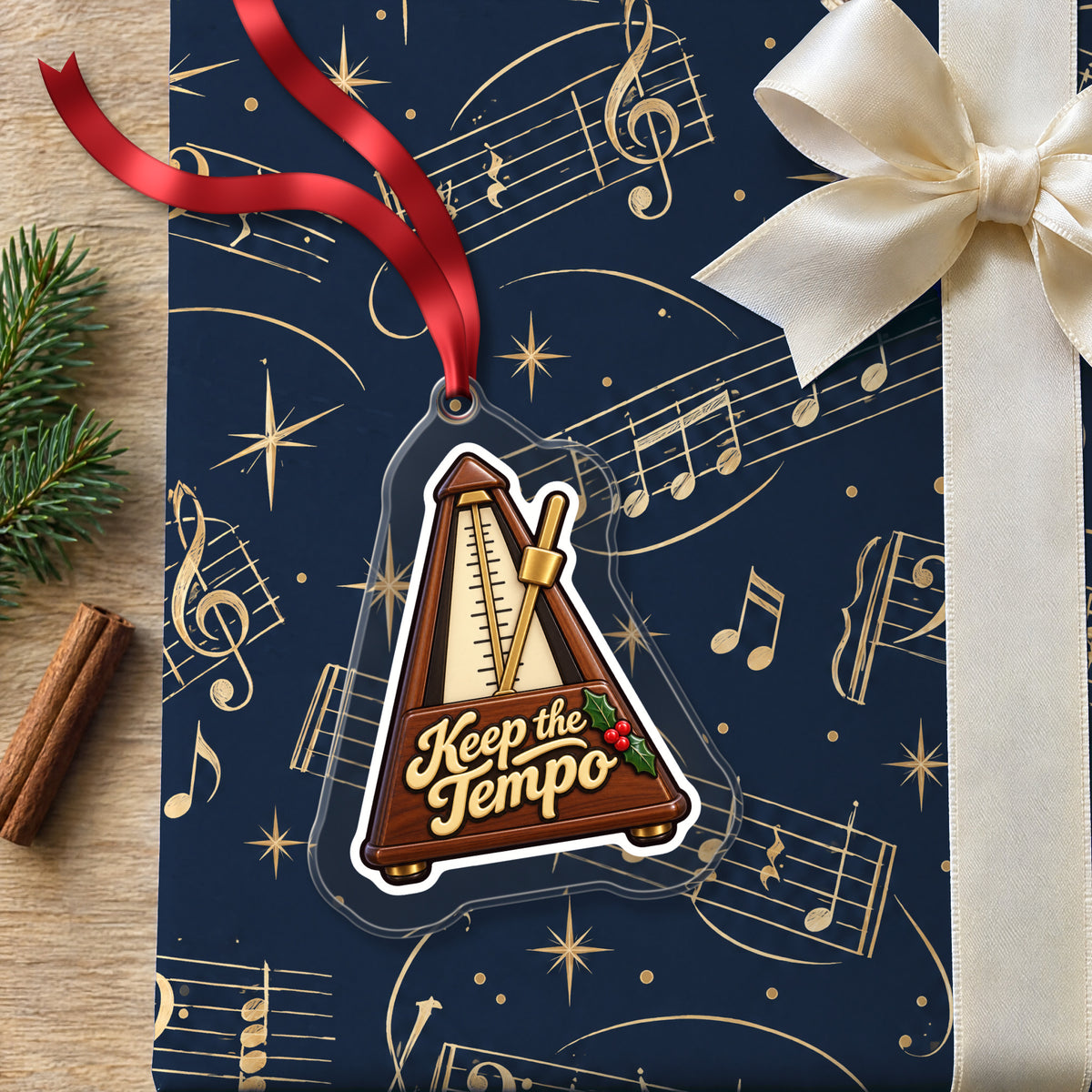 Keep the Tempo Metronome clear acrylic Christmas ornament lying on a gift wrapped in Rhythm and Beat music wrapping paper