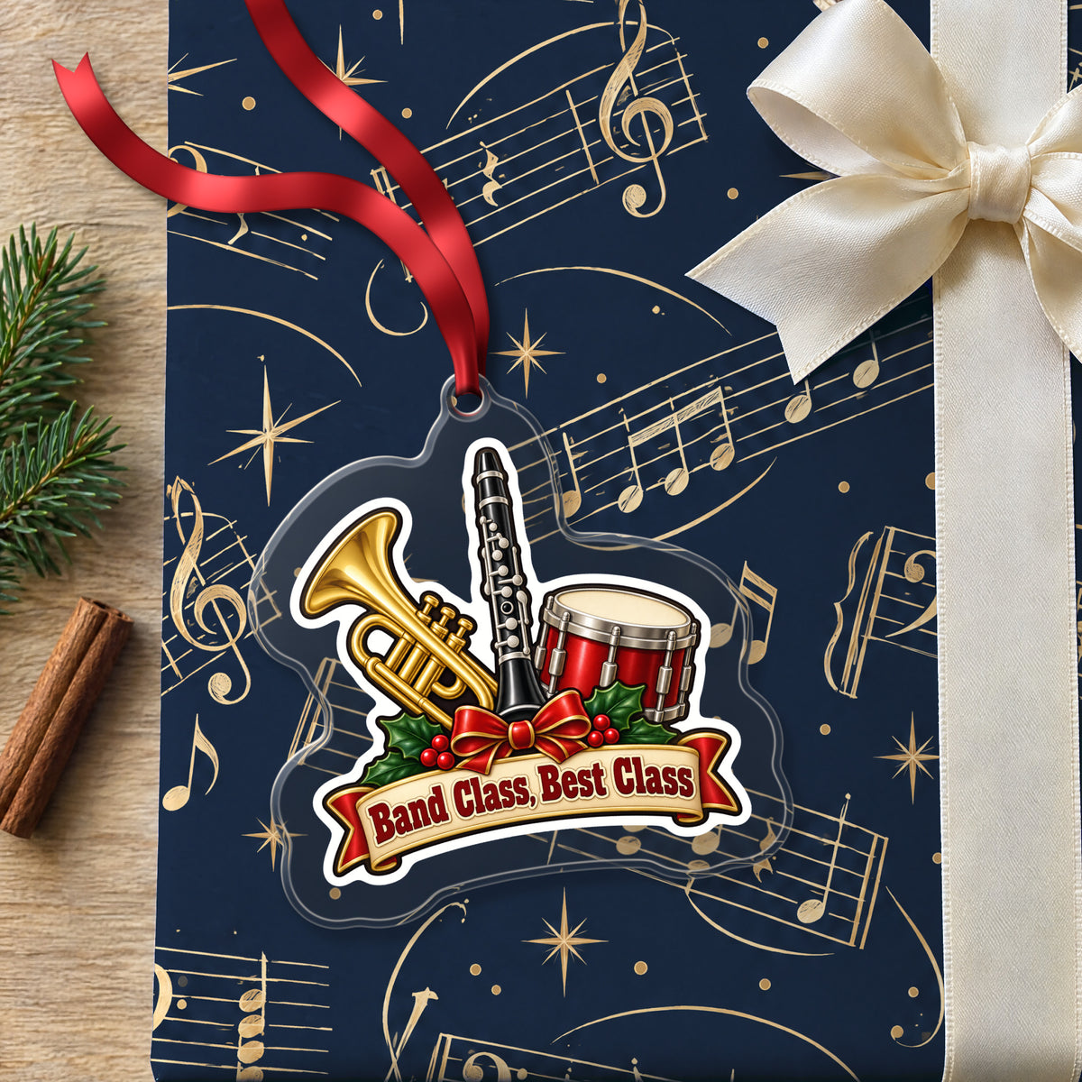 Band Class, Best Class School Band clear acrylic Christmas ornament lying on a gift wrapped in Rhythm and Beat music wrapping paper
